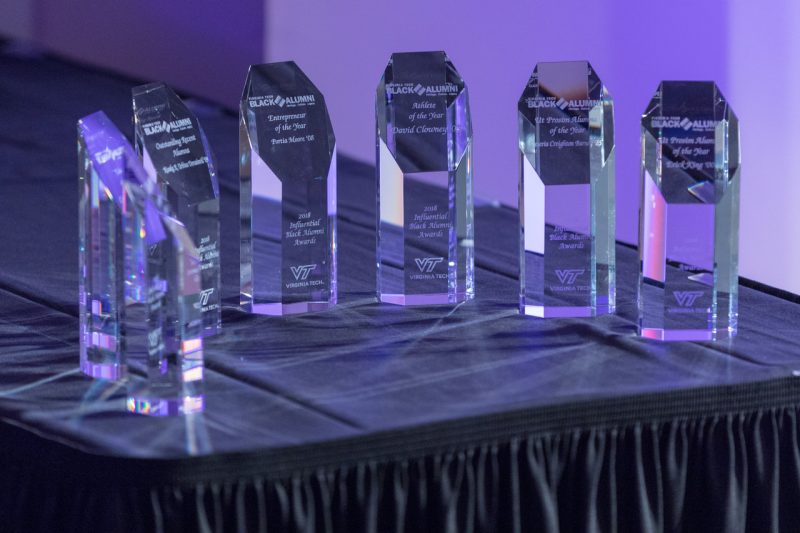 Award plaques on a table