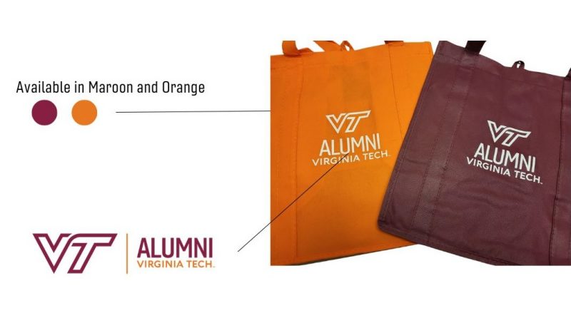 Maroon and orange bags with Virginia Tech Alumni bags