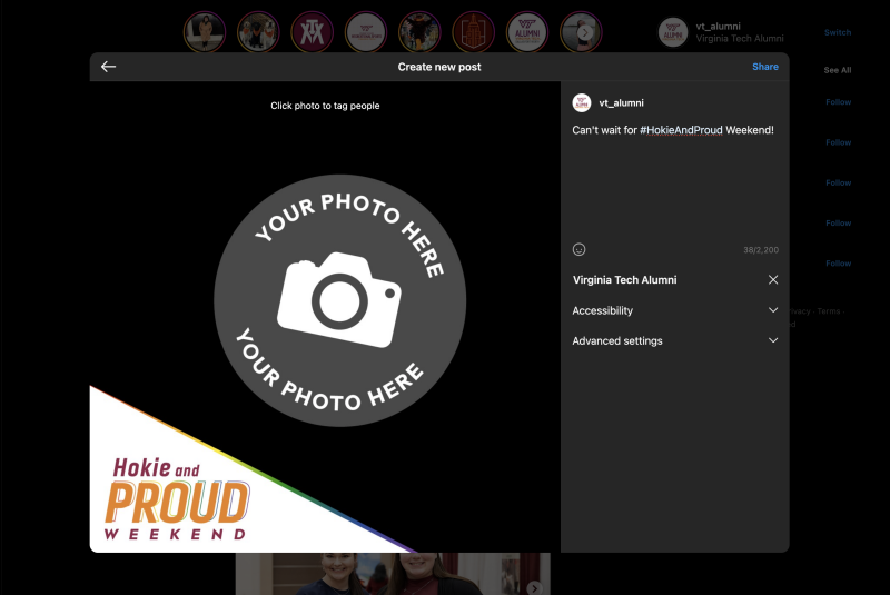 A graphic that says "Hokie and Proud Weekend" on an image frame