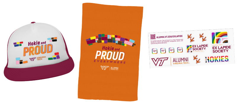 Hokie and Proud Eveerywhere hat, orange rally towel, and sticker sheet 