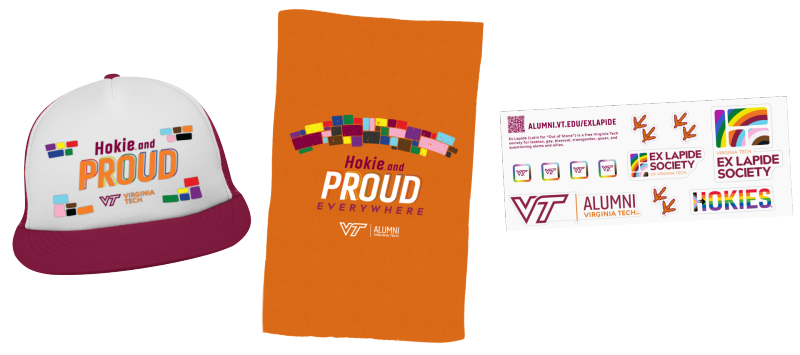Hokie and Proud Everywhere hat, rally towel, and sticker sheet