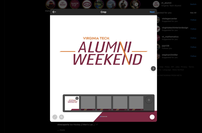 A graphic that says "Alumni Weekend" in an Instagram Carousel