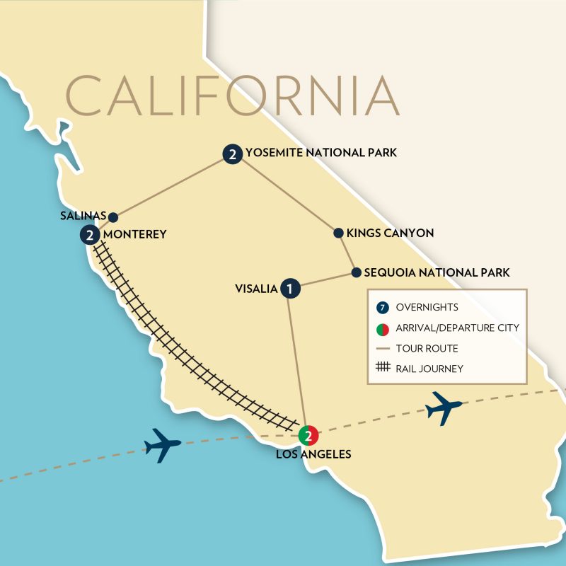 Yosemite and California by Rail Map
