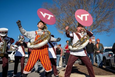The Marching Virginians split into small groups and performed for football game tailgaters on Nov. 13, raising money for the annual Hokies for the Hungry food drive.