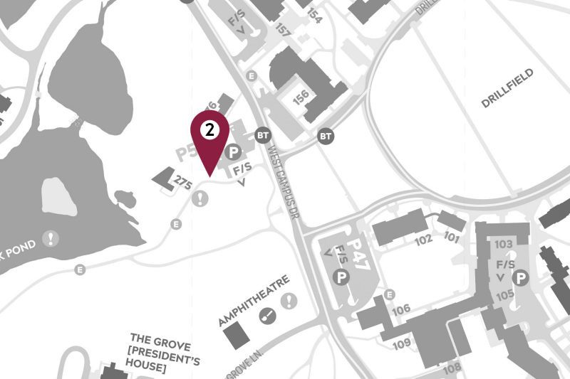 Cropped map of campus showing a marker location near Solitude