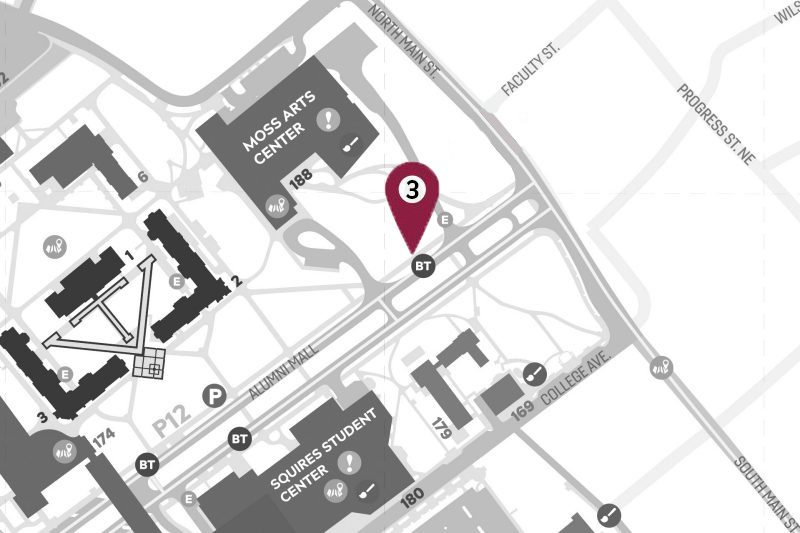 Cropped map of campus showing a marker location at the Moss Arts Center